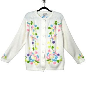 Boho Cottagecore Floral Embroidered Cardigan Kitschy Rainbow Grannycore Cozycore